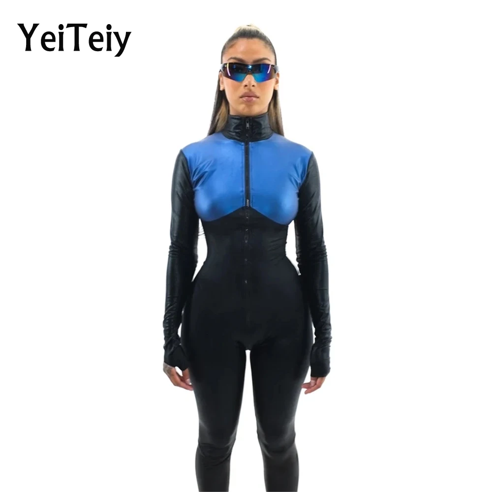 

Yeiteiy Autumn And Winter New Style Jumpsuit Ladies Turtleneck Zipper Slim Clothing Splicing Fashion Suit