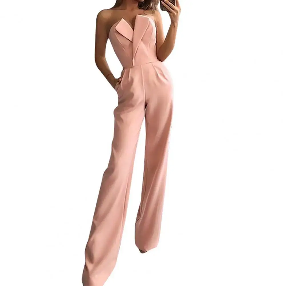 

Women Jumpsuit Solid Color Wide Leg Romper Spring/Summer Strapless V Neck Playsuit for Office