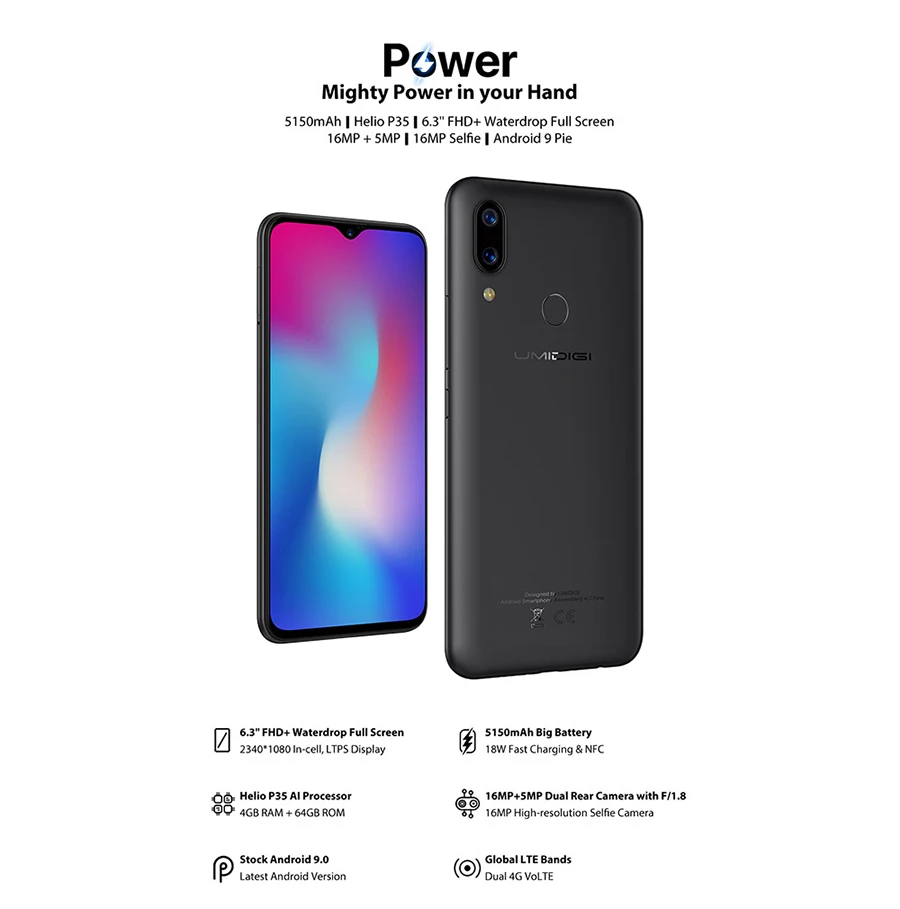 UMIDIGI power Android 9,0 5150 мАч большая батарея 18 Вт 6,3 'FHD+ экран капли воды 4 Гб+ 64 Гб Helio P35 глобальная версия смартфона 16 МП