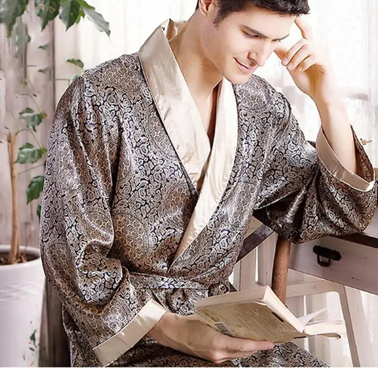 

Men's Robe Nightgown Satin Kimono Bathrobe Gown Casual Sleepwear Plus Size Print Gold Home Dressing Gown 3XL 4XL 5XL