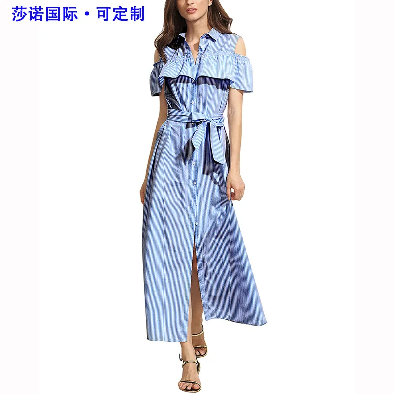 

2020 Spring and Summer Quality New European and American Ol Commuter Women's off-Shoulder Ruffled Shirt Striped Dress
