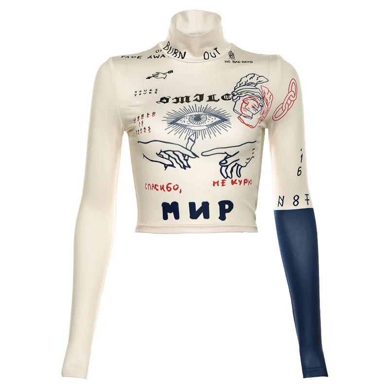 

autumn fashion high street casual Tight stretch Slim crop tops women Funny print full sleeve stretch Slim tee shirt mujer