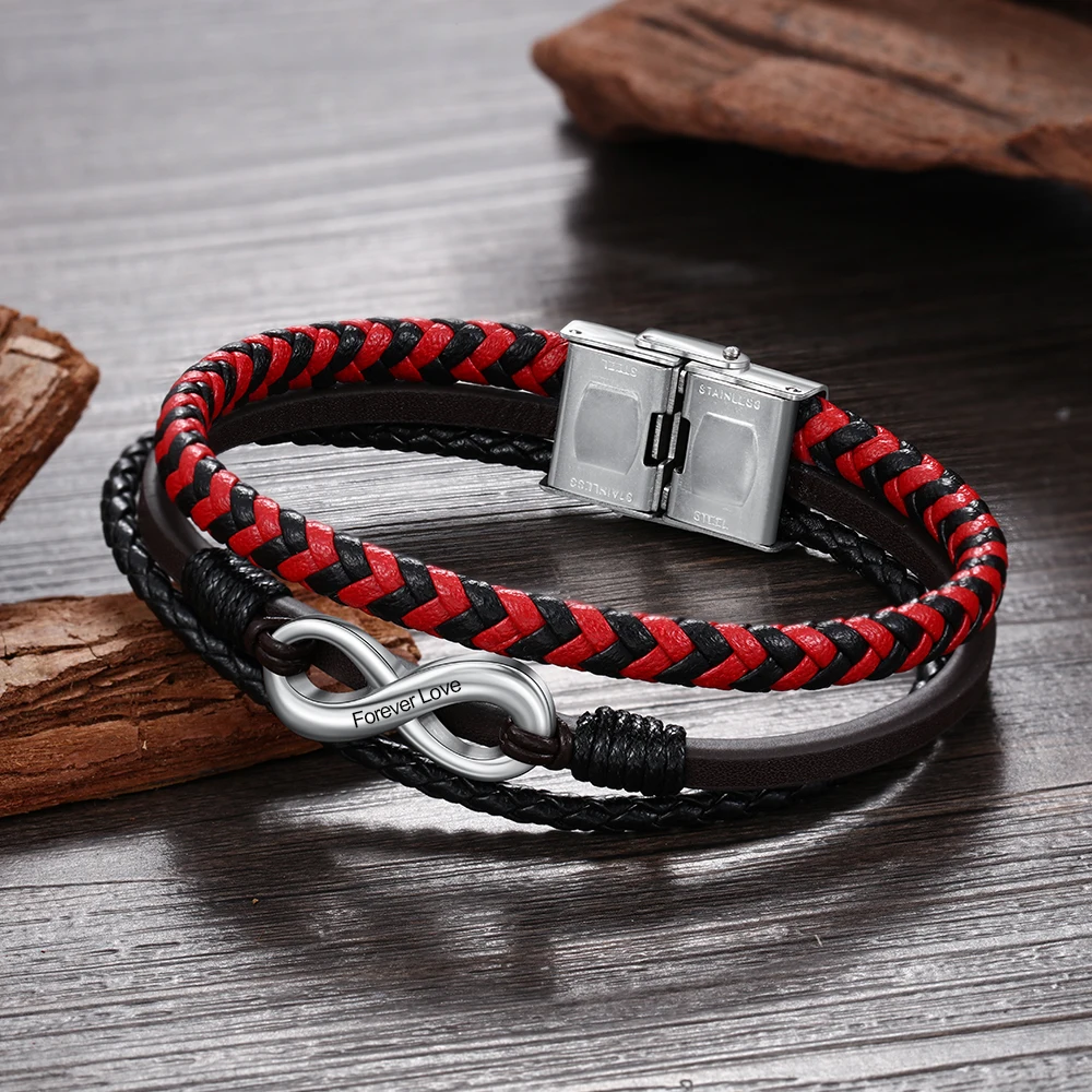 Кожаный браслет из нержавеющей стали с символом бесконечности для мужчин на