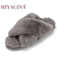 miyagina 100 natural sheepskin fur slippers fashion female winter slippers women warm indoor slippers soft wool lady home shoes