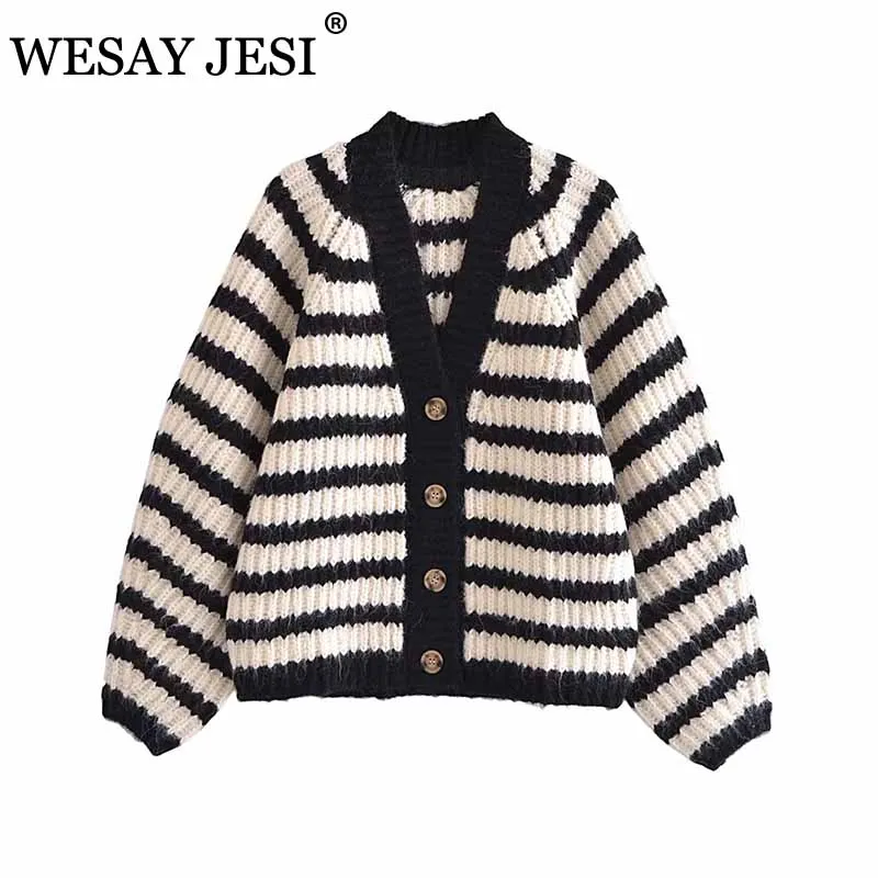 

WESAY JESI женский свитер с длинным рукавом Куртка оверсайз вязаный кардиган с V-образным вырезом свободный ретро полосатый принт пуловер Элега...