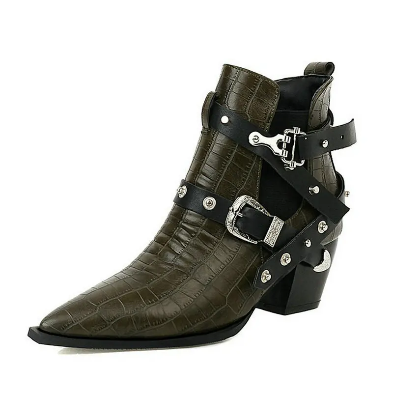 

Женская обувь из PU искусственной кожи в западном стиле лакированной кожи с круглым носом на высоком каблуке, женская обувь, женские ботильо...