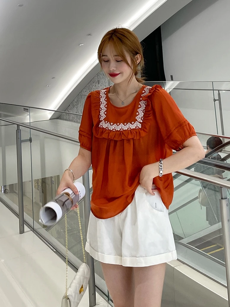 

Woman Navy Blue Ruffle Doll Collar Tops 2021 Summer Loose Fashion Short Puff Sleeve Regular Blusas Cortas Elegant Clothes Women