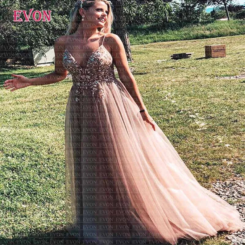 Пикантные тонкие бретельки Выпускные платья Длинные 2020 V образным вырезом из