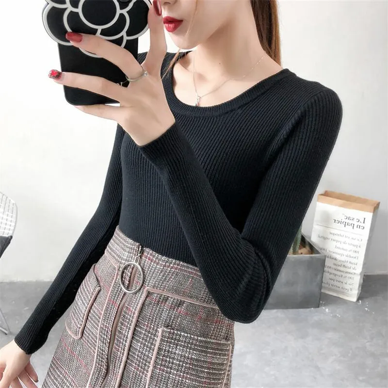 2019 autumn new self-cultivation wild long-sleeved bottoming knit women and winter sets of short round neck sweater | Женская одежда