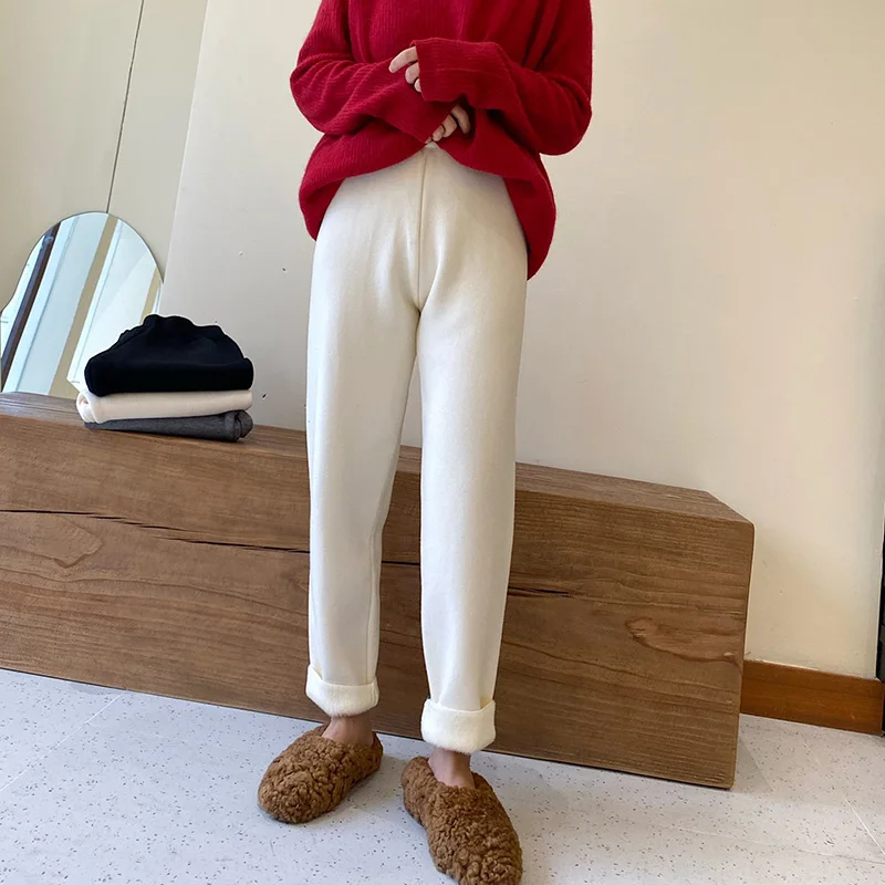 

Женские утепленные шаровары, повседневные Прямые брюки с эластичной высокой талией, офисные женские однотонные свободные брюки до щиколот...