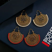 2020 indian womens big round hollow flower jhumka earrings ethnic gypsy gold color alloy red silk drop earring