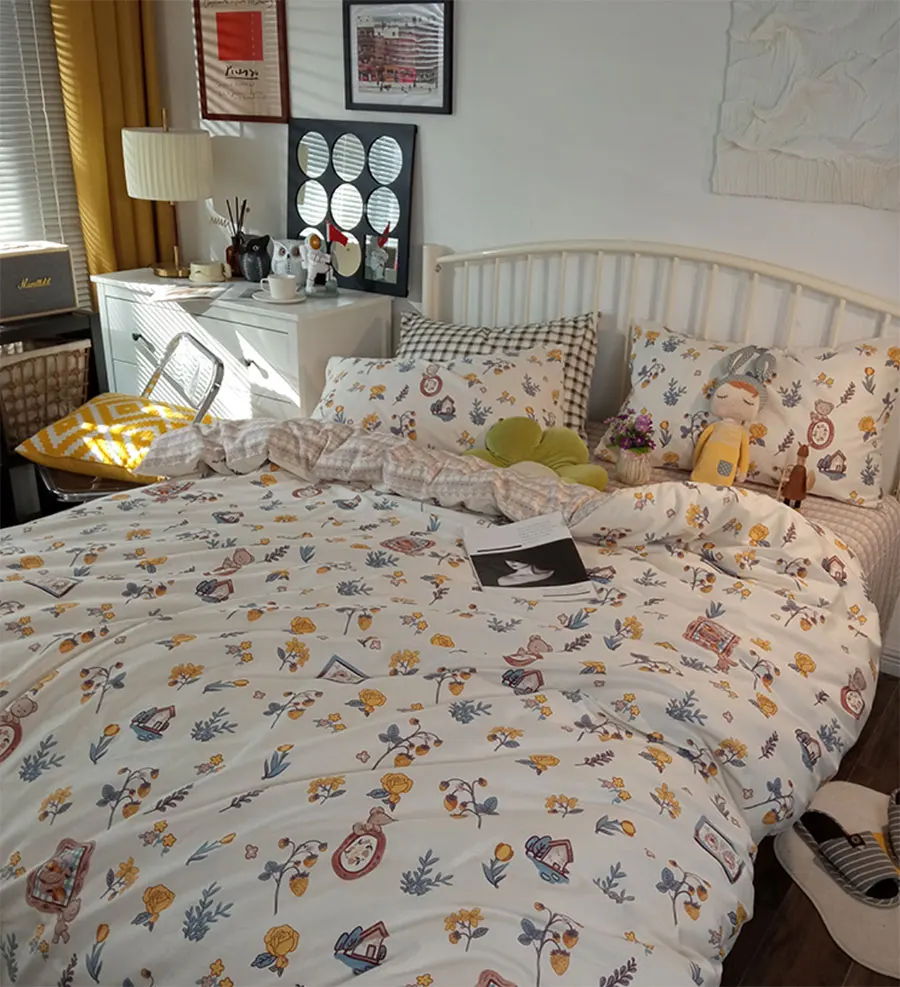

Vintage rustic french floral bear bedding set,pastoral cotton twin full queen home textile flat sheet pillow case duvet cover