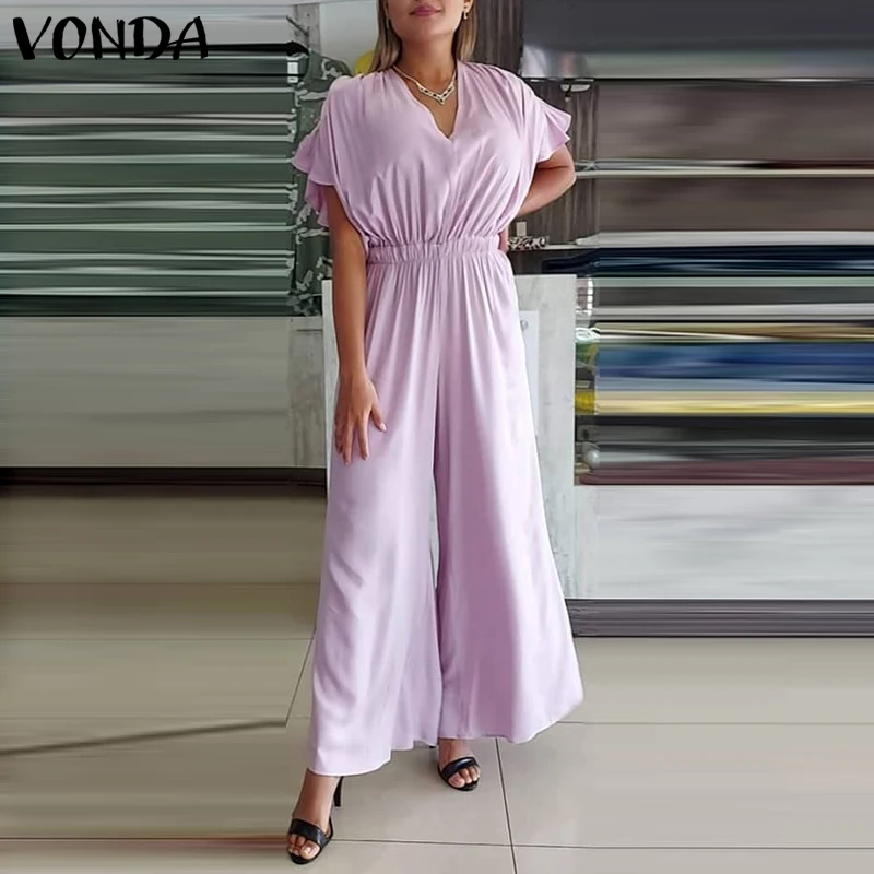 

Women Jumpsuits 2021 VONDA Flare Sleeve Solid Color Wide Leg Pants Palazzo Pants V Neck Pleated Long Jumpsuits Female Trousers