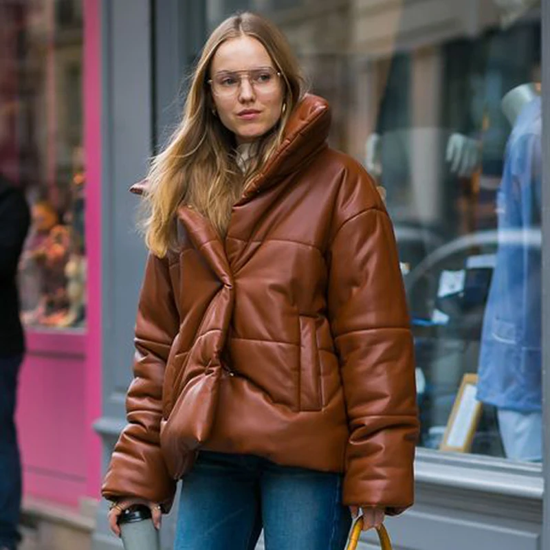 

Stand Collar PU Leather Parkas Women Fashion High Imitation Leather Coats Women Elegant Thick Cotton Jackets Female Ladies