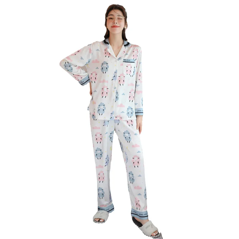

Pajamas Spring Autumn New Thin Lapel Long Sleeve Pants Bathrobe Pyjama Femme Batas De Dormir Para Mujer Huispak Vrouwen