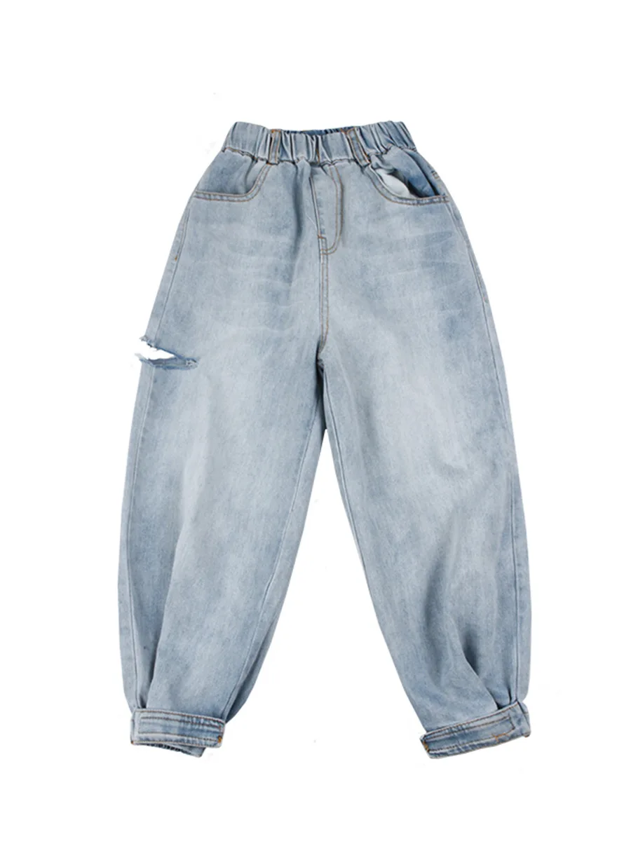 

Children's clothing spring/summer 2021 new loose-fitting cut and worn jeans girls ripped pants