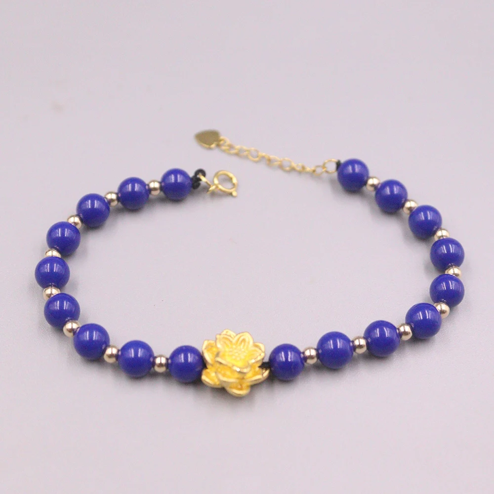 

Pure 24K Yellow Gold 3D Luck Lotus Flower Bead with 18K Yellow Gold 3mmW Bead with Blue Beads Link Bracelet