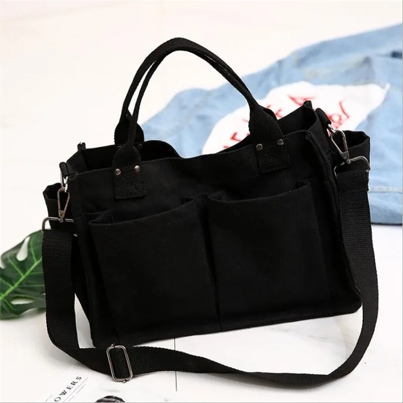 

Lady Shoulder Bag Big Capacity Women Canvas Tote Shopping Bag Pockets Girl Messenger Bag School Books Travel Beach Bag Fashion