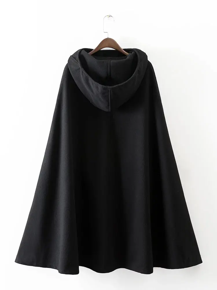 

Spring Winter Women's Front Slit Woolen Material Cold-proof Hooded Sleeveless Bat Sleeved Cloak Coat