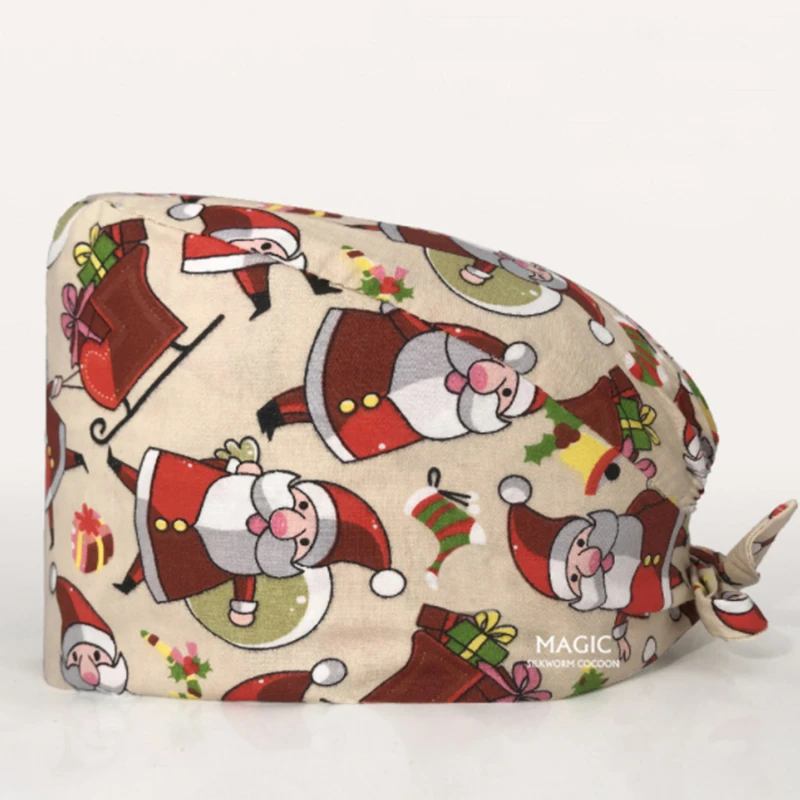 

Регулируемая впитывающая пот Рабочая шапка унисекс с рождественским принтом для косметолога шляпа с рисунком для операционной