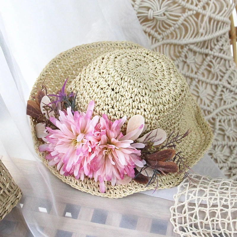 

2020 Girls Summer New Hats New Straw Baby Sun Hat With flowers Kids Summer Hat wave Brim Sunbonnet Children Straw Hats12
