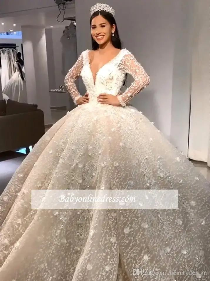 Luxury Beads Ball Gown Wedding Dresses V Neck Sequins Beadings Floral Appliques Long Sleeve Bridal Gown robe de mariee