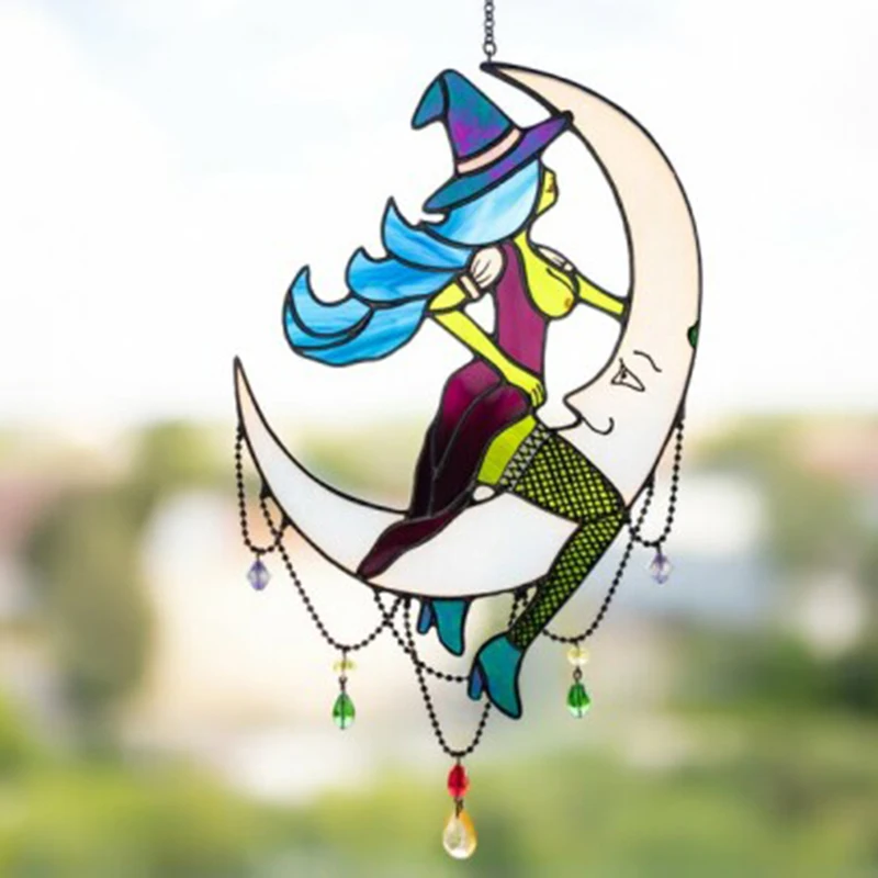 

Halloween Witch On Moon Decor Stained Suncatcher Window Hangings Outdoor Wall Art Home Decoration TWEL889