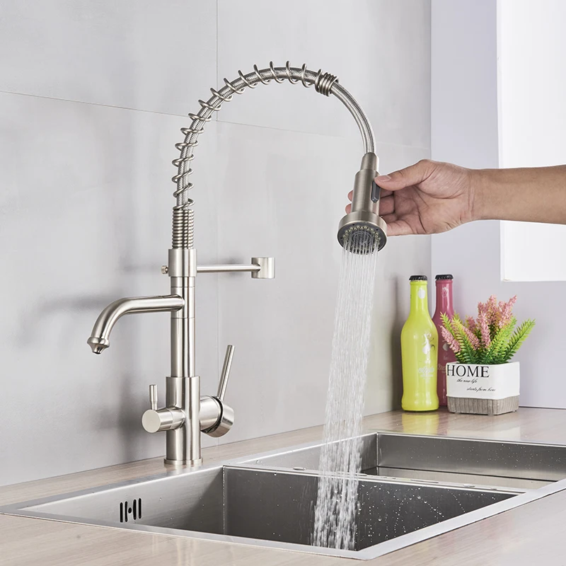 Хромированные краны с водяным фильтром, смесители для кухни, двойная ручка, смеситель на бортике, кран с поворотом на 360 градусов, функция очистки воды, кран