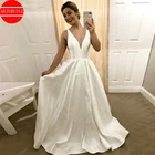 Простое Белое Атласное Свадебное Платье с V-образным вырезом, платье с открытой спиной, ТРАПЕЦИЕВИДНОЕ свадебное платье 2020, Элегантное свадебное платье со шлейфом, Дешевое платье Jurken