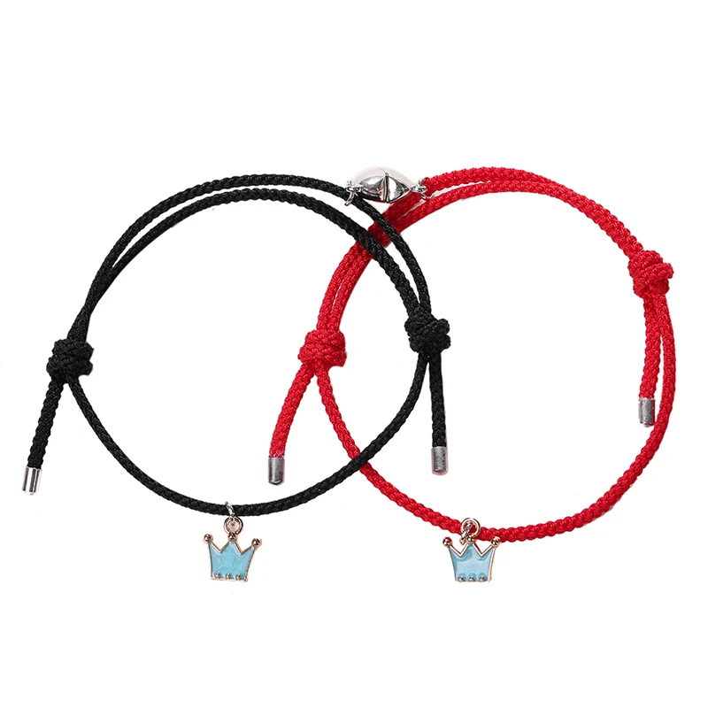 

2Pcs Couple Bracelet Minimalist Heart Crown Lovers Matching Friendship Rope Braided Magnetic Distance Bracelet Kit Lover Jewelry