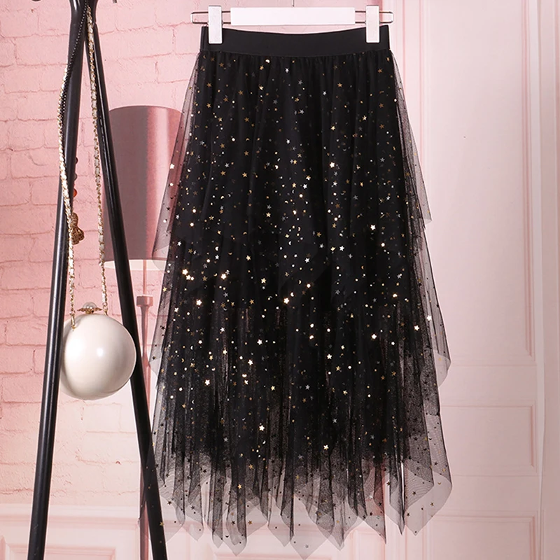

Tulle Skirts Womens Midi Pleated Skirt Black Pink Tulle Skirt Women 2020 Spring Summer Korean Elastic High Waist Mesh Tutu Skirt