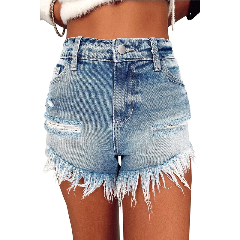 

Casual Frayed Tasseled High Waist Denim Shorts for Women Ripped Jeans Hot Shorts Ladies Summer Vintage Faded Distressed Bottoms