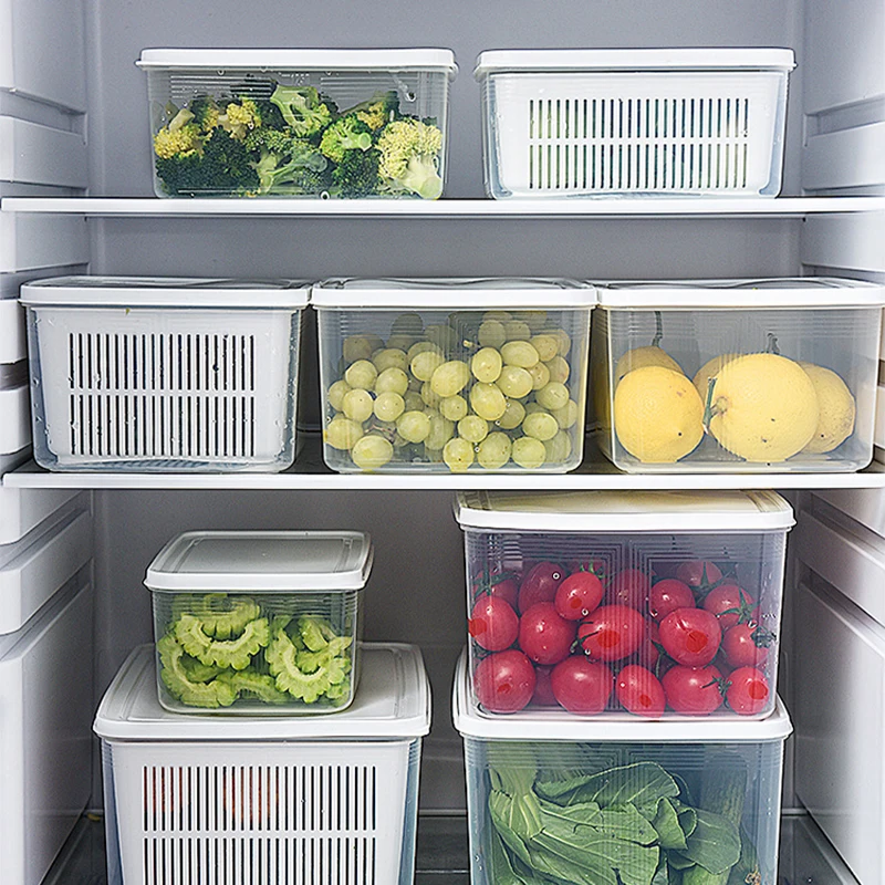 

Kitchen Plastic Storage Container Fridge Organization Fresh Vegetable Fruit Storage Boxes With Lid Drain Basket Food Container