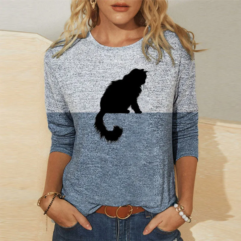 

2021 Spring Cute Cat Print Patchwork Blouse Women O Neck Long Sleeve Shirt Casual Plus Size Streetwear Tops Autumn Pullover 3XL