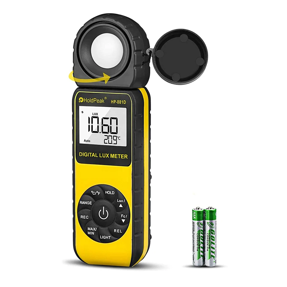 HOLDPEAK Digital Light Meter HP-881D with 0.01-400,000 Lux /1-40,000 FC Measuring Ranges for LED Lights and Plants Lumen Meter