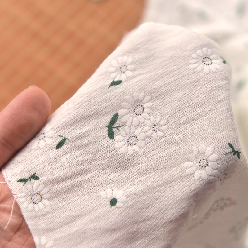 

Pastoral style white daisy flower tufted linen silk fabric Summer dress shirt long cheongsam garment fabric