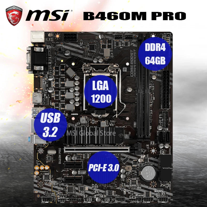 Billig LGA 1200 MSI B460M PRO Motherboard DDR4 64GB M.2 SATA3 DVI VGA Unterstützung 10th-Gen Cpu Desktop Intel B460 Placa-Mãe 1200 Micro ATX