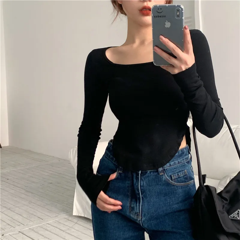 

Irregular Slim Long-sleeved Bottoming Shirt with Tops In Women's Spring and Summer All-match New Pullover Sexy T-shirt