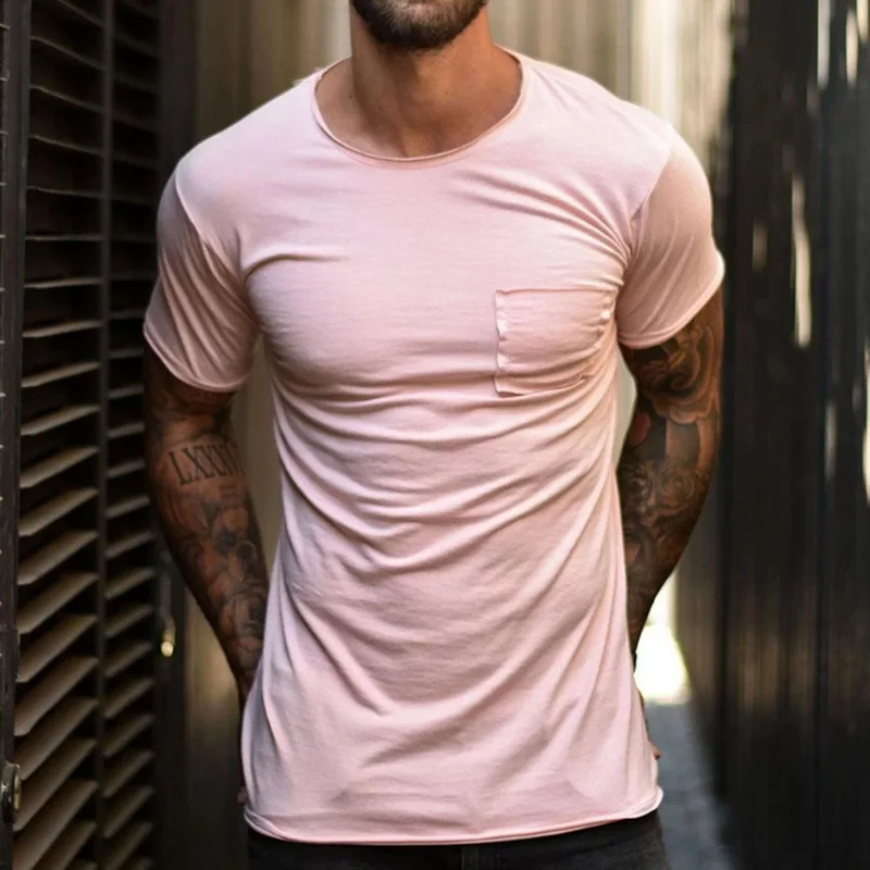 

Men's Fashion Solid Round Neck Slim Casual Short Sleeve T-Shirt Men Hip Hop Heavy Washed T Shirts Men Top Tees Male Streetwear
