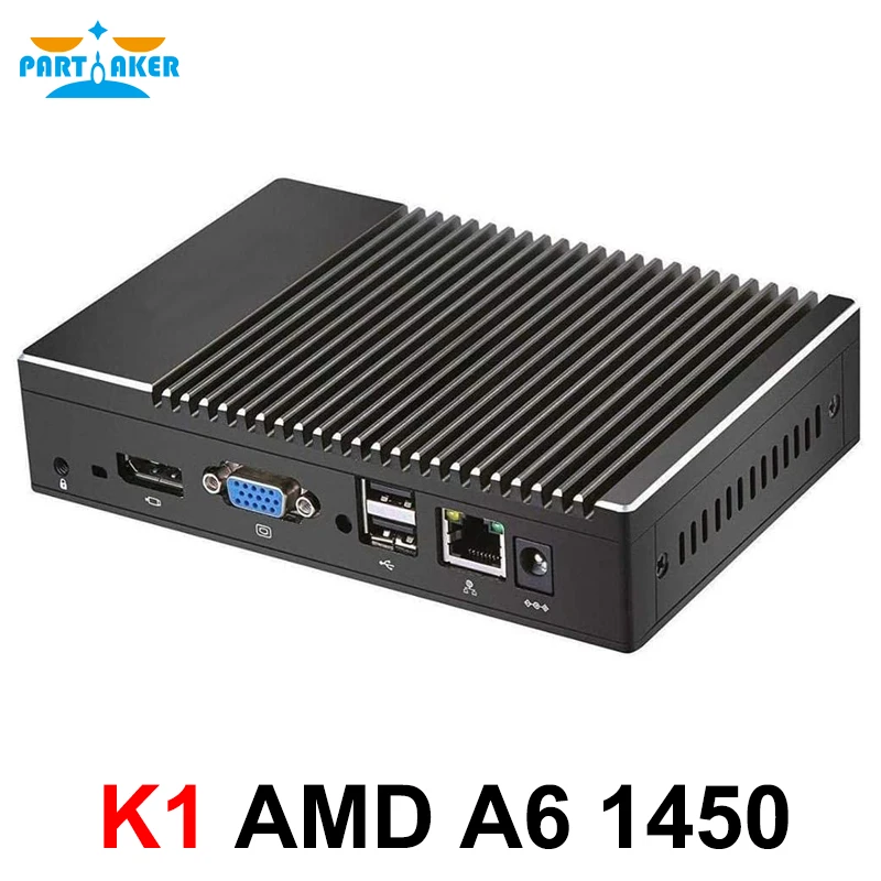 Partaker Fanless Mini PC AMD A6 1450 Quad Core Industrial Computer Mini Desktop PC Windows 10 Pro HDMI VGA Auto Power On