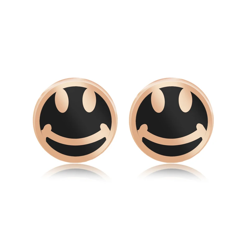 

Pure 18K Rose Gold Earrings AU750 Gold Black Agate Stud Earrings smiling face Earrings