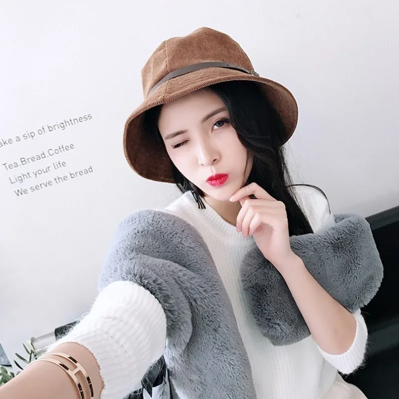 New Women's Casual Belt Basin Hat Autumn and Winter Corduroy Fisherman Hat Korean Version of The Wild Big Foldable Top Hat Tide