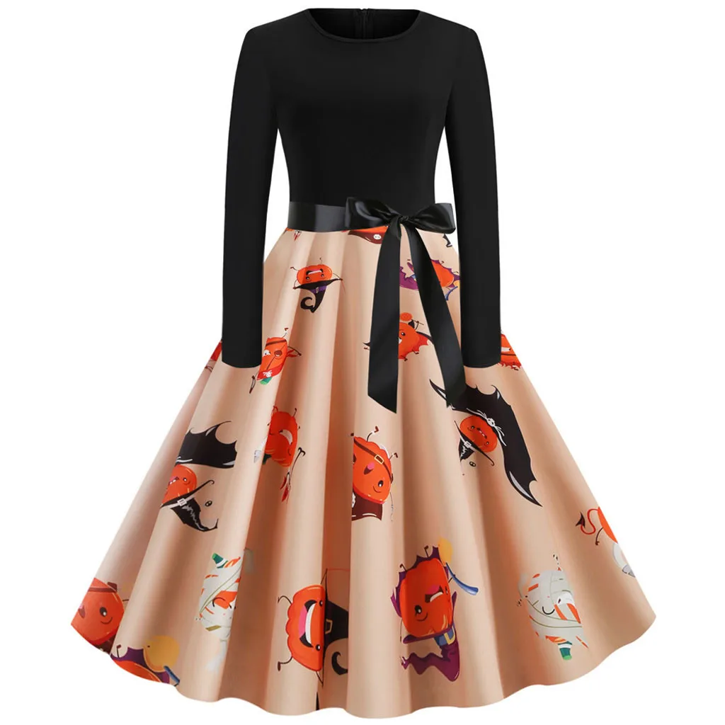 Винтажное платье на булавке осень 2019 с принтом тыквы Хэллоуин для женщин длинным