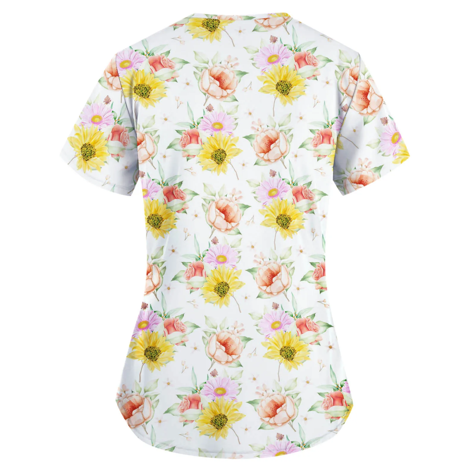 

Lovely Floral Pattern Tops Women Fashion Short Sleeve V-neck Nursing Working Uniform T-shirts Women's T-shirts Top