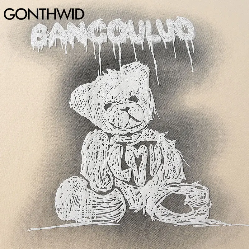 

GONTHWID Shirts Harajuku Graffiti Bear Print Long Sleeve Shirt Streetwear Mens Hip Hop Fashion Casual Cotton Loose Tops Outwear