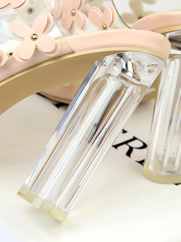 

Women's shoes summer high-heeled sandals the fish's mouth transparent crystal with sweet fashion little flower