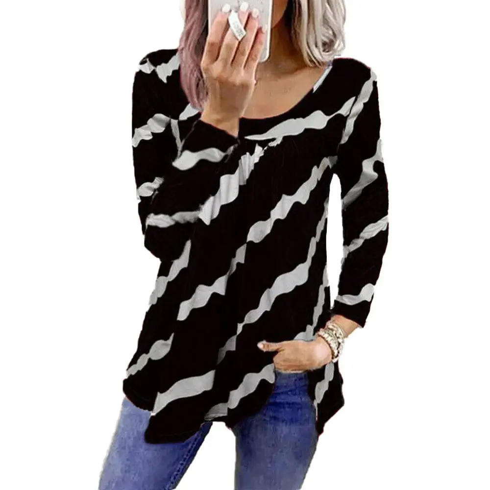 

Fashion 2021 Women Striped Print O Neck Casual Blouse Long Sleeve Pullover Tops Autumn Spring Ladies Clothing Shirt S M L XL 2XL