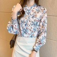 chinese style shirt 2021 autumn pastoral style floral stand up collar blouses long sleeved printing button up silk blouse women