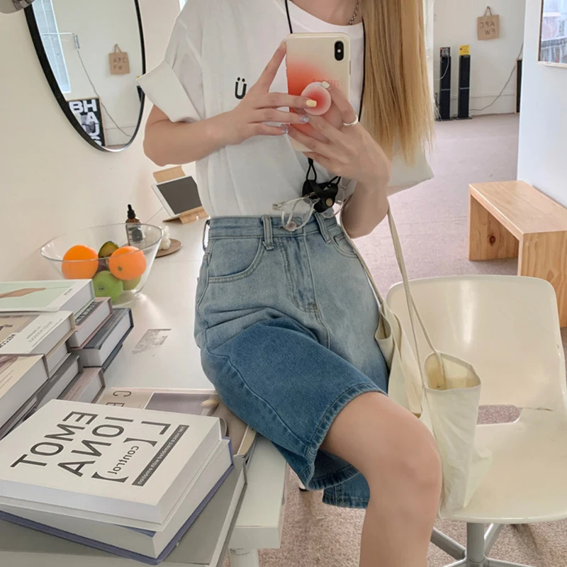 

YIZZHOY Summer High Waist Women Wide Leg Retro Washed Denim Shorts Casual Female Loose Ladies Jeans Bermuda Shorts