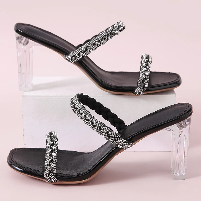 

Lucyever Fashion Weave Crystal Heel Slippers Women Summer Sexy Strap High Heels Sandali Mujer 2021 Streetwear Woman Shoes